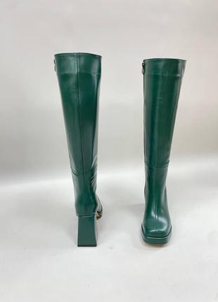 Трендові чоботи з натуральної італійської шкіри смарагдові зелені на підборах6 фото