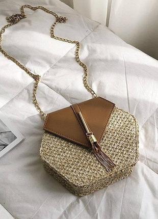Женская мини сумочка клатч плетеные соломенные маленькая сумка шестигранная коричневый5 фото