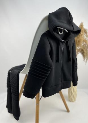 Чорний стильний костюм на флісі з капюшоном на замку кофта6 фото