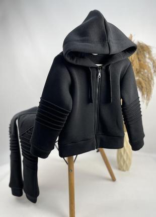 Чорний стильний костюм на флісі з капюшоном на замку кофта5 фото