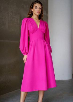 Платье миди рукава фонарики с декольте розлетайка солнце колокольчик малина розовое нарядное класика1 фото