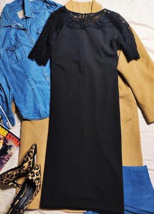 Damart платье черное прямое трапеция с гипюром с рукавом классическое миди3 фото