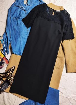 Damart платье черное прямое трапеция с гипюром с рукавом классическое миди