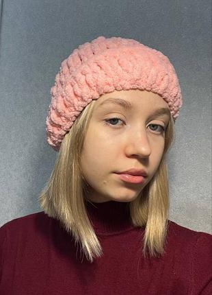В'язана шапка alize puffy плюшева, рожева