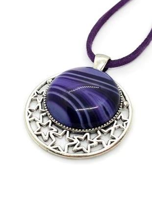 🌜🌟 оригинальный кулон на шнурке "месяц и звезды" натуральный камень фиолетовый агат