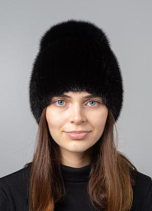 Черная вязаная норковая шапка