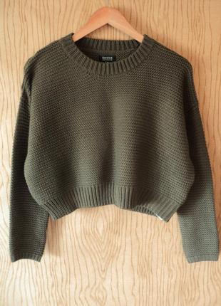 Новый джемпер свитер хаки укороченный длинным рукавом короткий оверсайз вязаный кроп