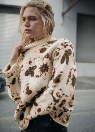 Светр кофта в'язаний м'який в бежевий квіти oversize zara s m 1822/117