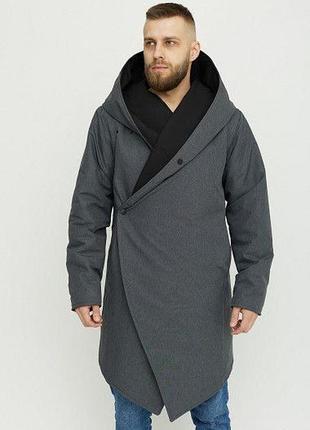 Зима!!куртка непромокаемая непродуваемая мантия косая с капюшоном длинная двухсторонняя теплая черная серая3 фото