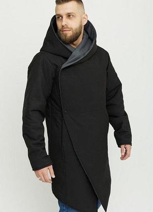 Зима!!куртка непромокаемая непродуваемая мантия косая с капюшоном длинная двухсторонняя теплая черная серая