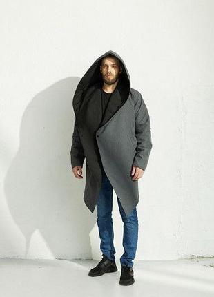 Зима!!куртка непромокаемая непродуваемая мантия косая с капюшоном длинная двухсторонняя теплая черная серая2 фото