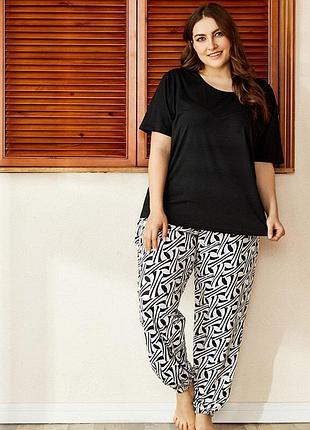 Піжама двійка: футболка + штани віскоза 😍 принт 2 кольори батал