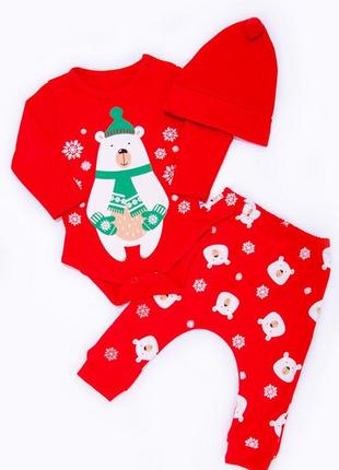 Новорічний комплек 3-ка для немовлят, новорічний набір боді+штани+шапочка