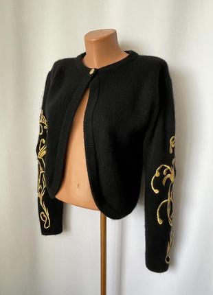 Кардиган черный с золотой вышивкой на рукавах ангора шерсть