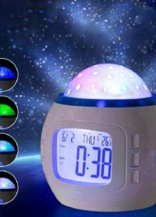Музичний нічник-проектор зоряне небо 1038 з годинником та будильником.