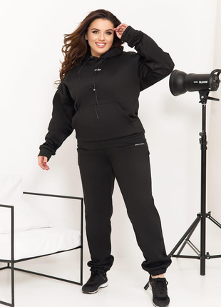 Теплый женский спортивный костюм с начесом, черный1 фото