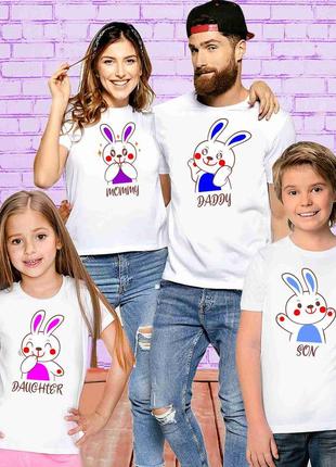 Футболки белые фэмили лук family look для всей семьи "hares: father, mother, daughter, son" push it