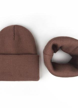 Теплый комплект шапочка рубчик и хомут, шапка с отворотом, шапка рубчик с флисом2 фото