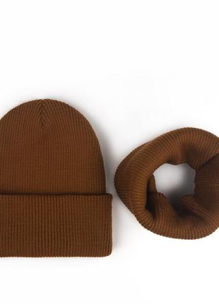 Теплый комплект шапочка рубчик и хомут, шапка с отворотом, шапка рубчик с флисом4 фото