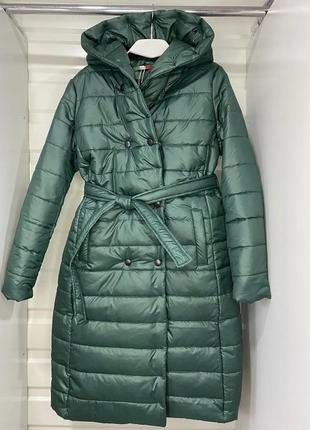Пальто зима з поясом зелене зимнє тепле курточка куртка