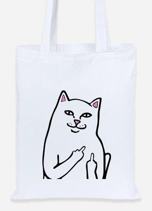Эко сумка шопер lite мем белый кот с пальцем (meme cat middle finger) (92102-2851) белая2 фото