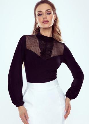 Трикотажна блузка з мереживом чорного кольору. модель francesca eldar1 фото