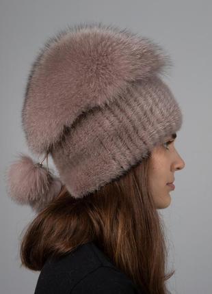 Теплая зимняя вязаная меховая шапка3 фото