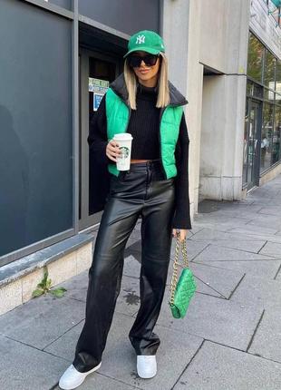 Прямые широкие чёрные длинные брюки из экокожи zara