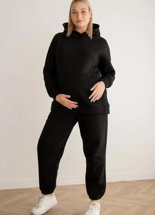 Теплий спортивний костюм для вагітних та годуючих на флісі чорний5 фото