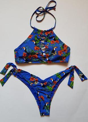 Классный женский купальник с туканами, синий купальник, купальник в тропический принт