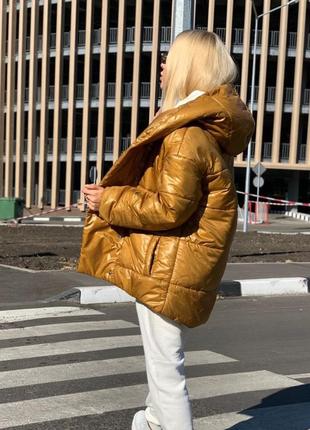 Куртка пуховик короткая пуффер дутик с капюшоном теплая зима осень черная горчица капучино красная лаванда оливка пудра2 фото