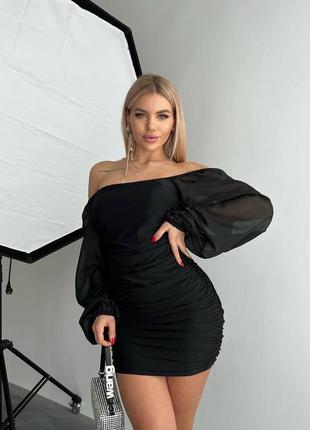Сукня з шифоновими рукавами🖤 чорна міні сукня зі збіркою з боків та шифоновими рукавами
