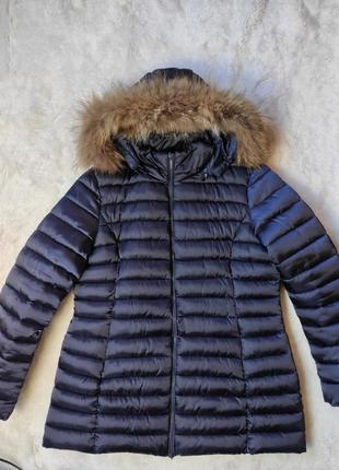 Короткая синяя зимняя короткая куртка зимний пуховик с натуральным мехом на капюшоне батал большого