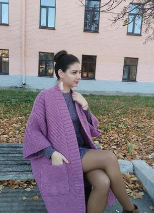 Плетений жіночий об'ємний довгий кардиган пальто кофта oversize з кишенями5 фото
