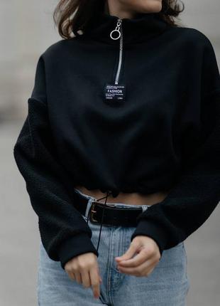 ❣️укорочённый женский свитшот чёрного, беж, капучино цвета, размер: 42-46