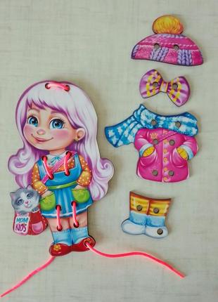 Деревянная шнуровка одень куклу развивающая игрушка1 фото