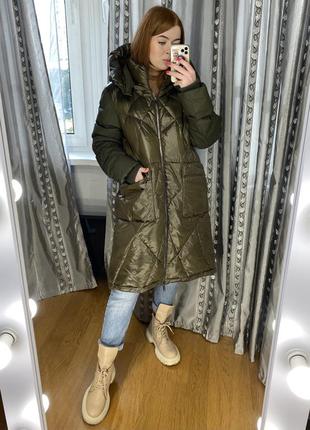 Пухове італійське зимове пальто хакі куртка paquito