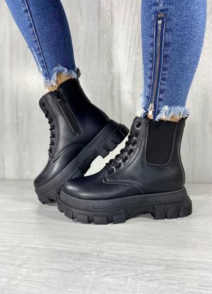 Зимние черные женские ботинки с мехом на молнии эко кожаные зима