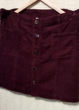 Бордовая юбка юбочка  трапеция на пуговицах микровильвет2 фото