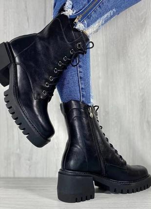 Женские зимние сапожки на шнуровке ботинки с мехом черные эко кожаные люкс качество3 фото