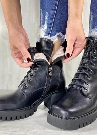 Женские зимние сапожки на шнуровке ботинки с мехом черные эко кожаные люкс качество2 фото