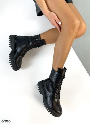 Женские зимние черные кожаные ботинки берцы с мехом натуральная кожа зима на молнии гранж панк5 фото