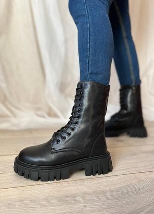 Жіночі зимові шкіряні чорні черевики з хутром натуральна шкіра зимні ботинки берці на...