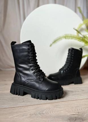 Жіночі зимові шкіряні чорні черевики з хутром натуральна шкіра зимні ботинки берці на...