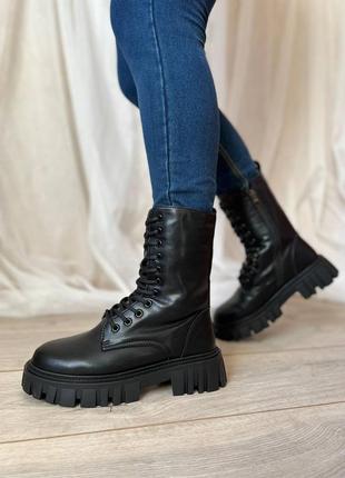 Жіночі зимові шкіряні чорні черевики з хутром натуральна шкіра зимні ботинки берці на...