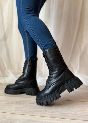 Жіночі зимові шкіряні чорні черевики з хутром натуральна шкіра зимні ботинки берці на...