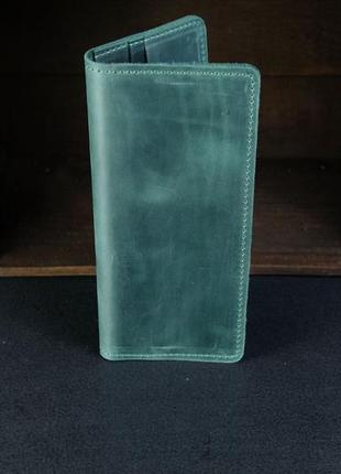 Мужской кожаный кошелек лонг на 8 карт, натуральная винтажная кожа, цвет зеленый