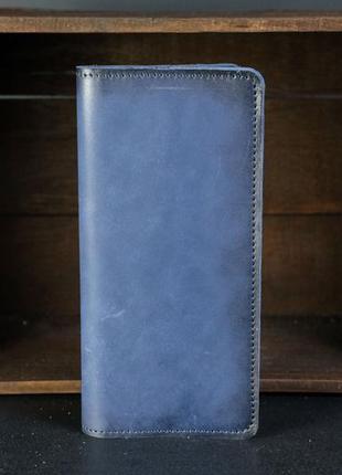 Женский кожаный кошелек клатч лонг на 12 карт, натуральная кожа итальянский краст, цвет синий