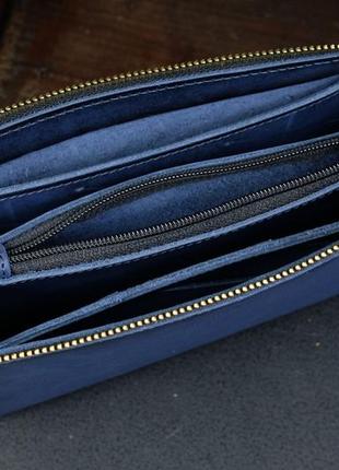 Кожаный кошелек клатч тревел, натуральная кожа итальянский краст, цвет синий3 фото