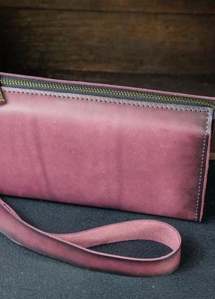 Кожаный кошелек клатч тревел с ремешком, натуральная кожа итальянский краст, цвет бордо